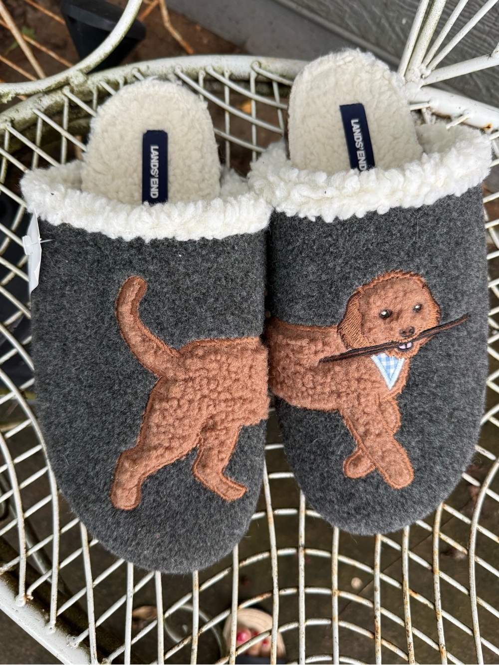 Lands' End Gray Slippers with Brown Embroidered Dog Accent